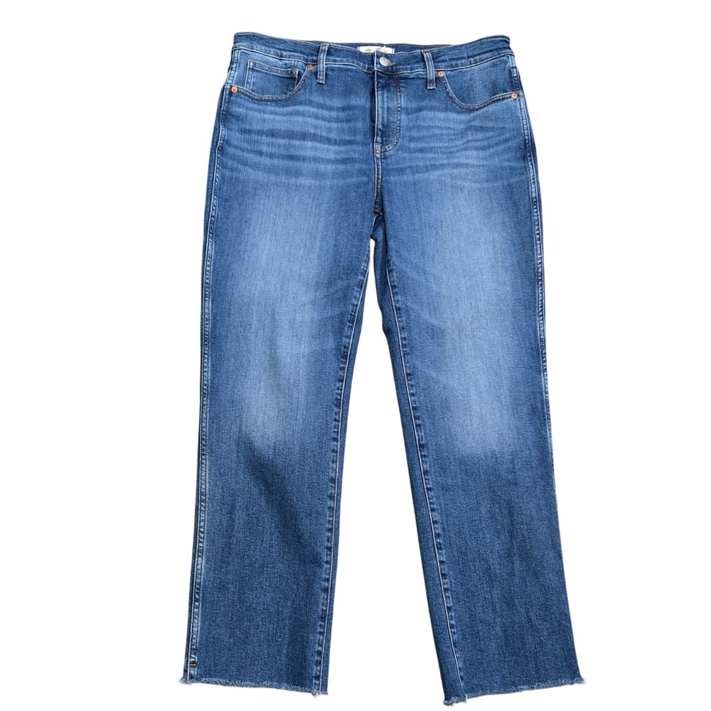 Madewell Mid Rise Stove Pipe Jeans Blue Medium Wash Raw Hem Ankle Crop Size 32